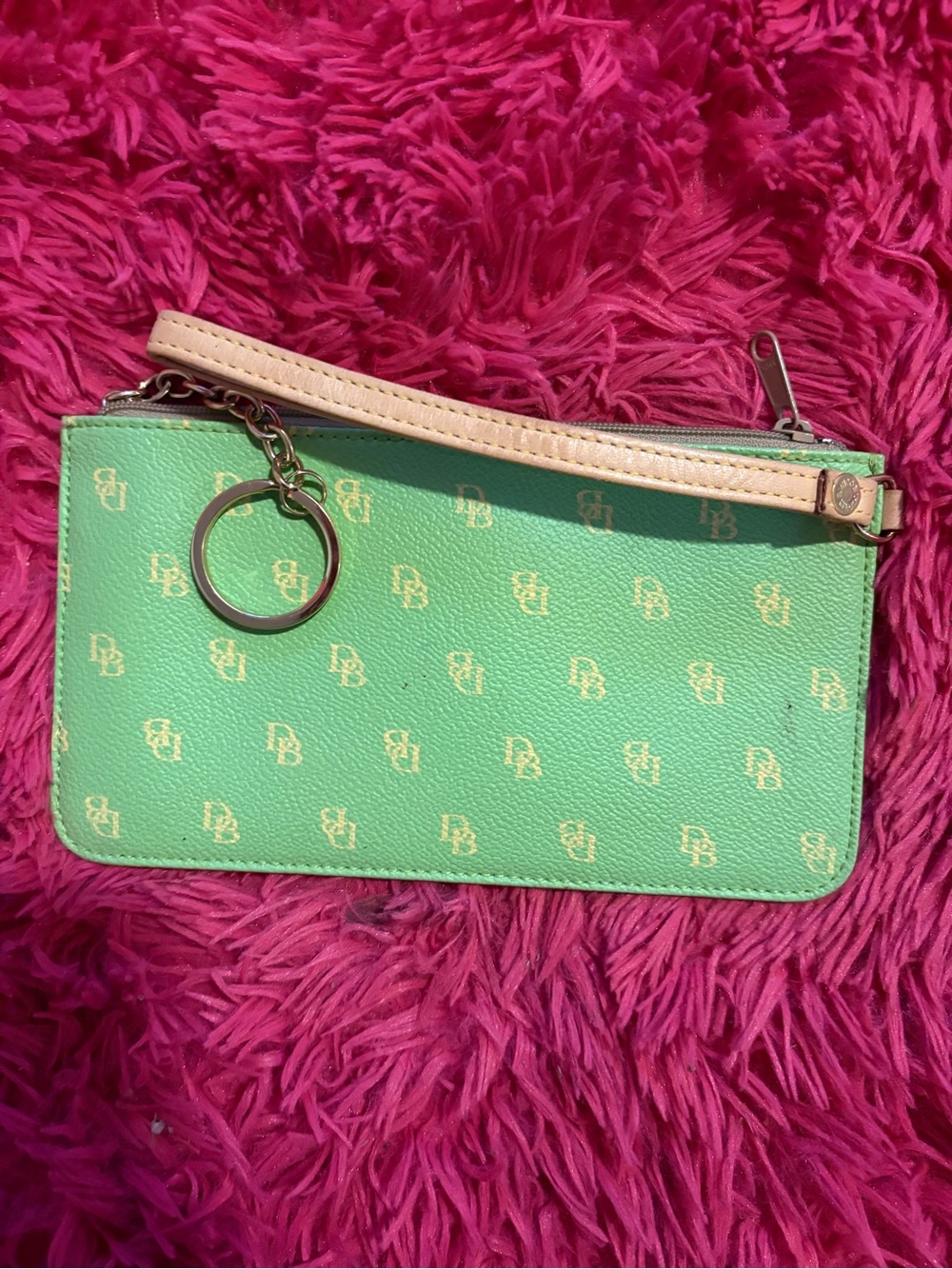 Dooney and Burke Green Wristlet Clutch with Monogram Print